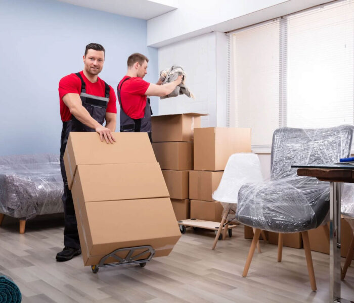 Movers packing and loading boxes onto a hand truck.