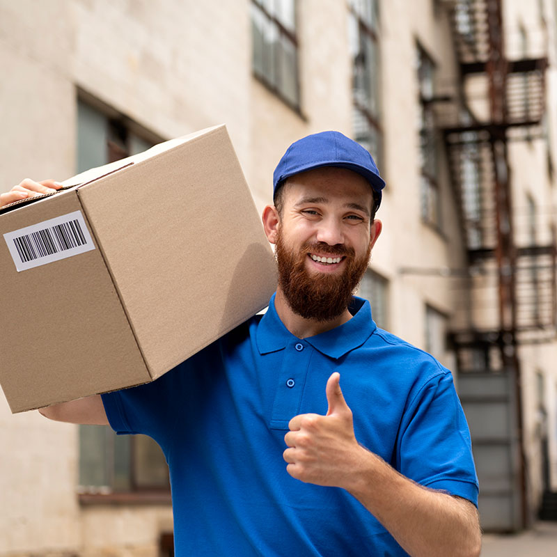 Delivery worker in a blue uniform holding a cardboard box